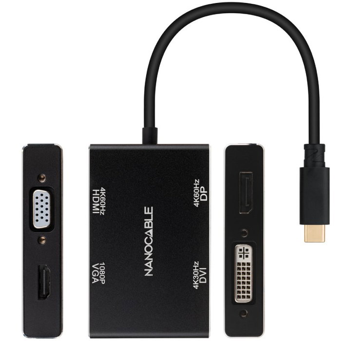 Nanocable Conversor USB-C a HDMI, DVI, DP y VGA, 10 cm, Negro
